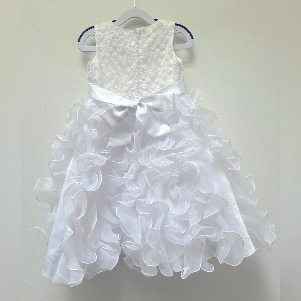 Elegant White Kids formal Recital Wedding Party Dress with Floral Details size:5